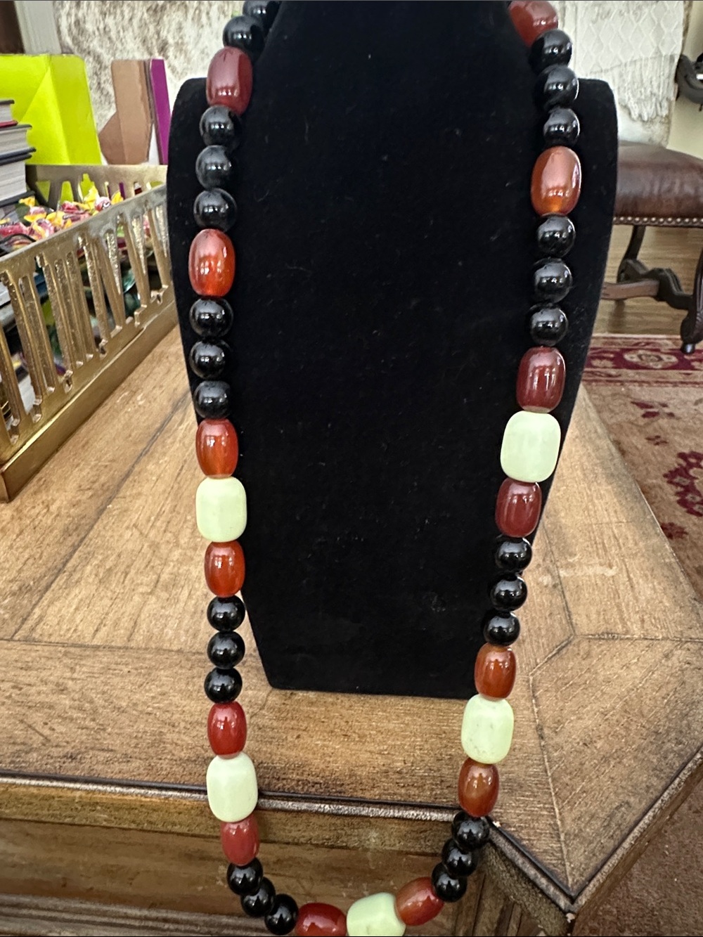 Women's Beaded Necklace in Black, Brown-Red & Pale Green